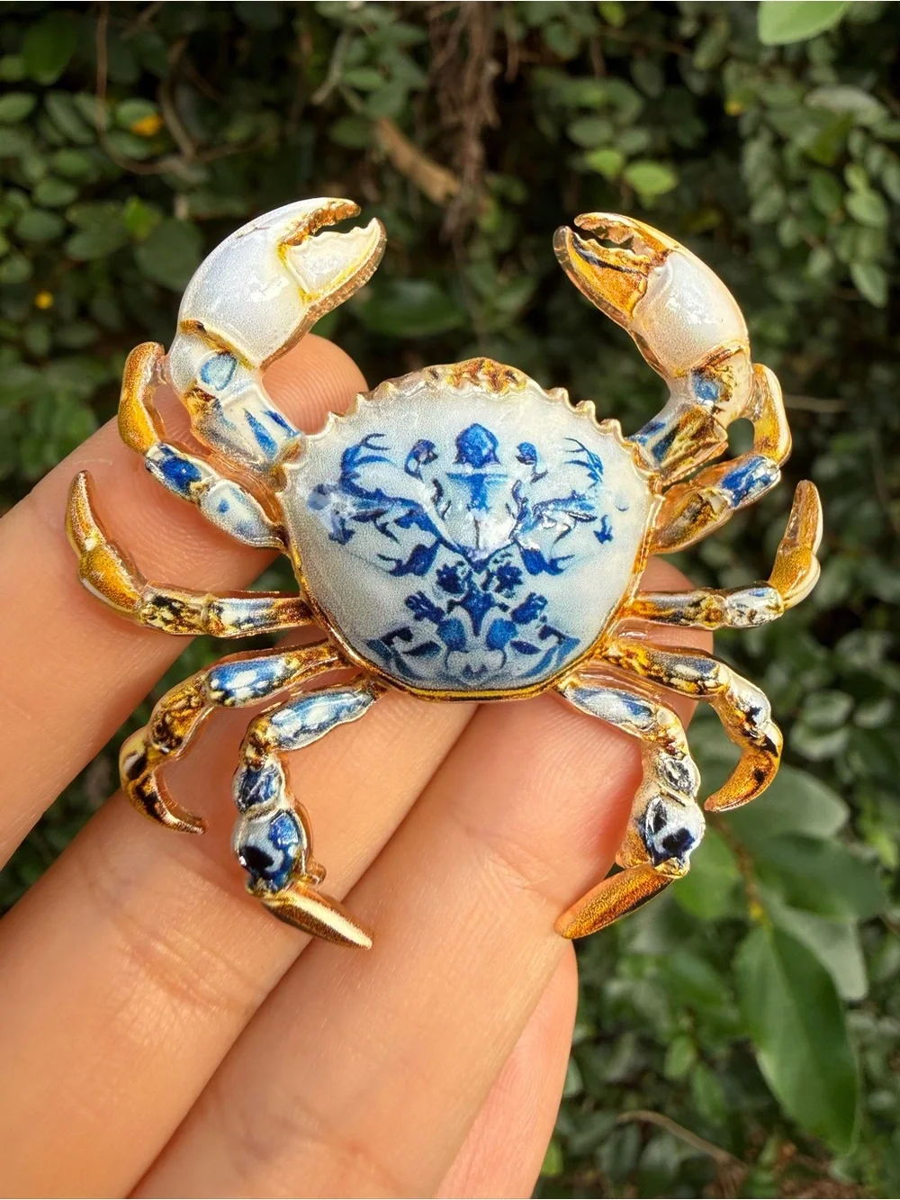Blue & Gold Porcelain Crab Pin Brooch